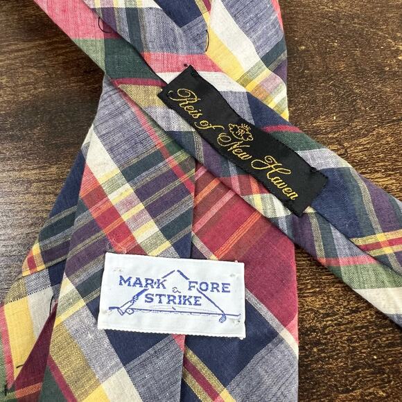 Reis of New Haven Neck Tie Mark Fore Strike Plaid Linen Cotton Holiday Work VTG - Picture 4 of 8